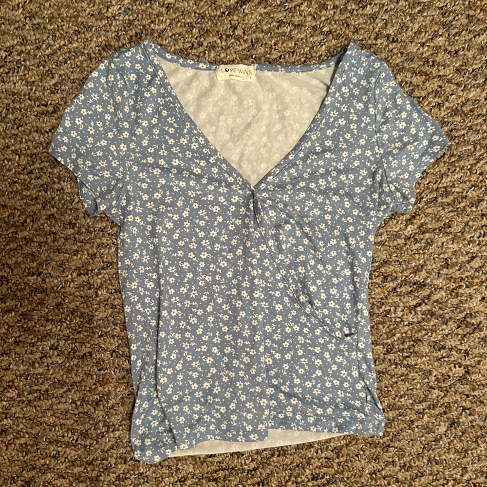 Love Wins Blue and White Floral Top
